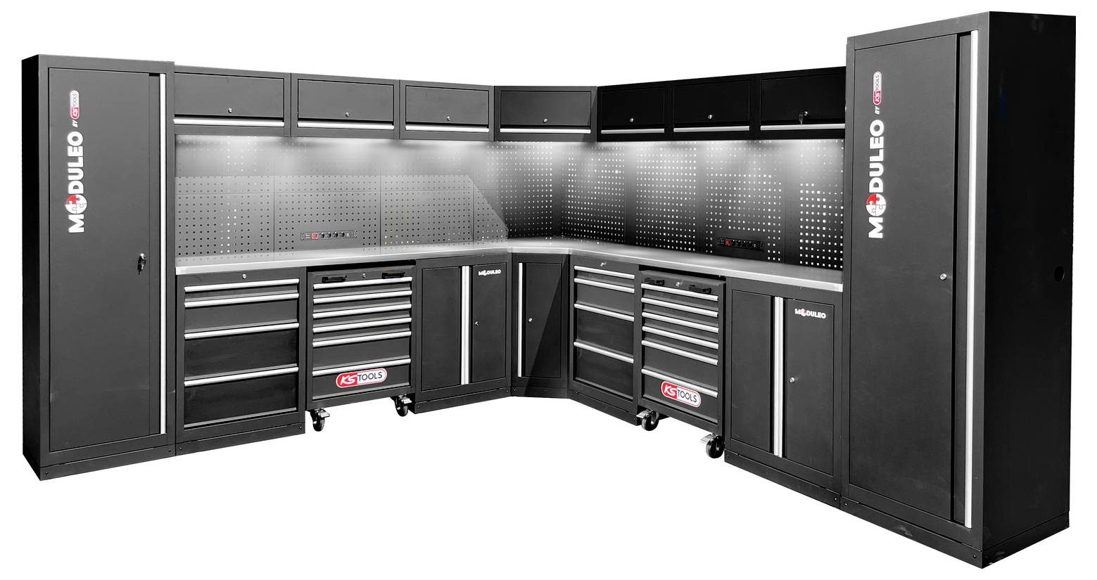 Großes schwarzes modulares Garagenschranksystem mit mehreren Aufbewahrungsschubladen und hohen Fächern, mit der Marke 'Modulo' versehen, in L-Form aufgestellt.