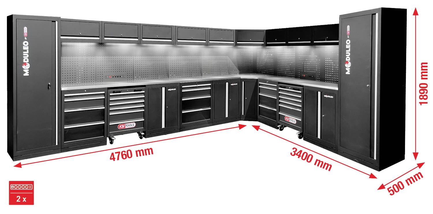 L-förmiges schwarzes modulares Garagensystem mit Staurageschränken, Schubladen und Maßangaben: 4760 mm, 3400 mm, 500 mm und 1890 mm.