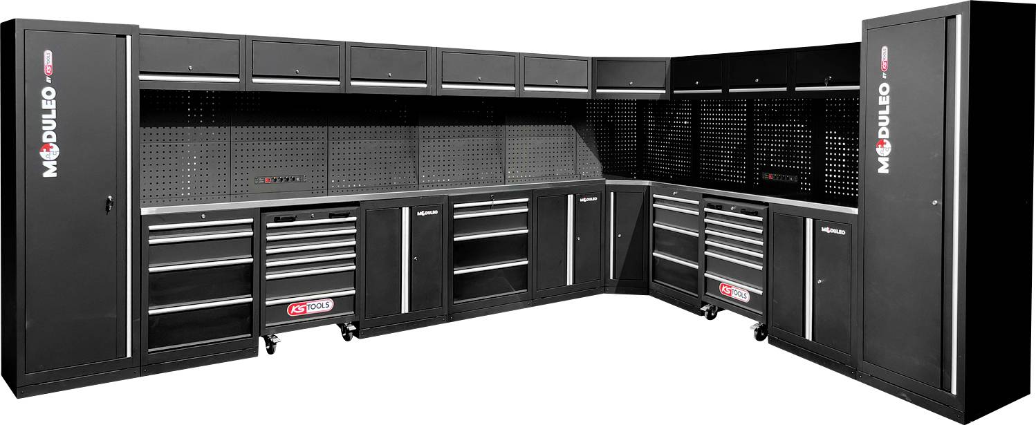 Modulares schwarzes Garage-Aufbewahrungssystem mit mehreren Schränken, Schubladen und einer Lochplatte. Markenschriftzug 