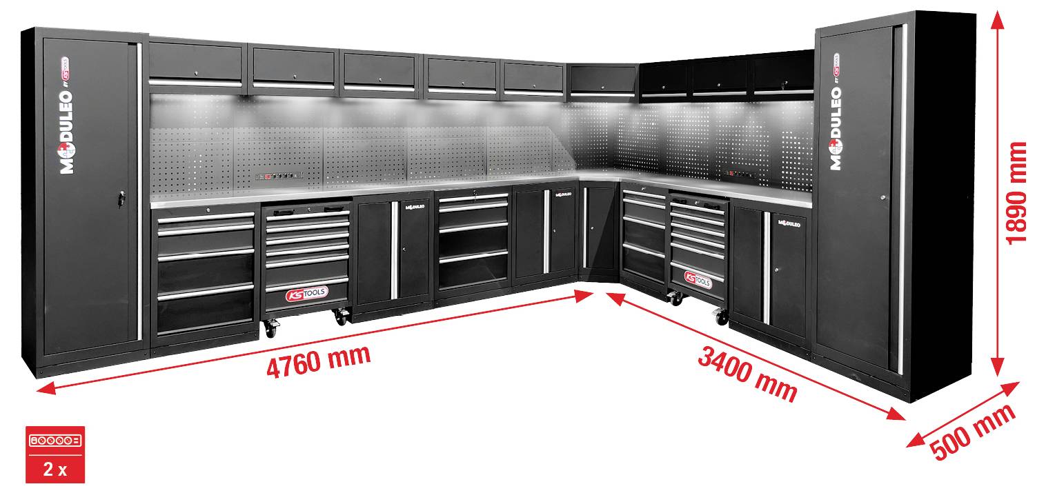 Schwarzes modulares Garagen-Lagersystem mit Schubladen und Schränken; Abmessungen: 4760 mm Breite, 3400 mm Tiefe, 1890 mm Höhe.