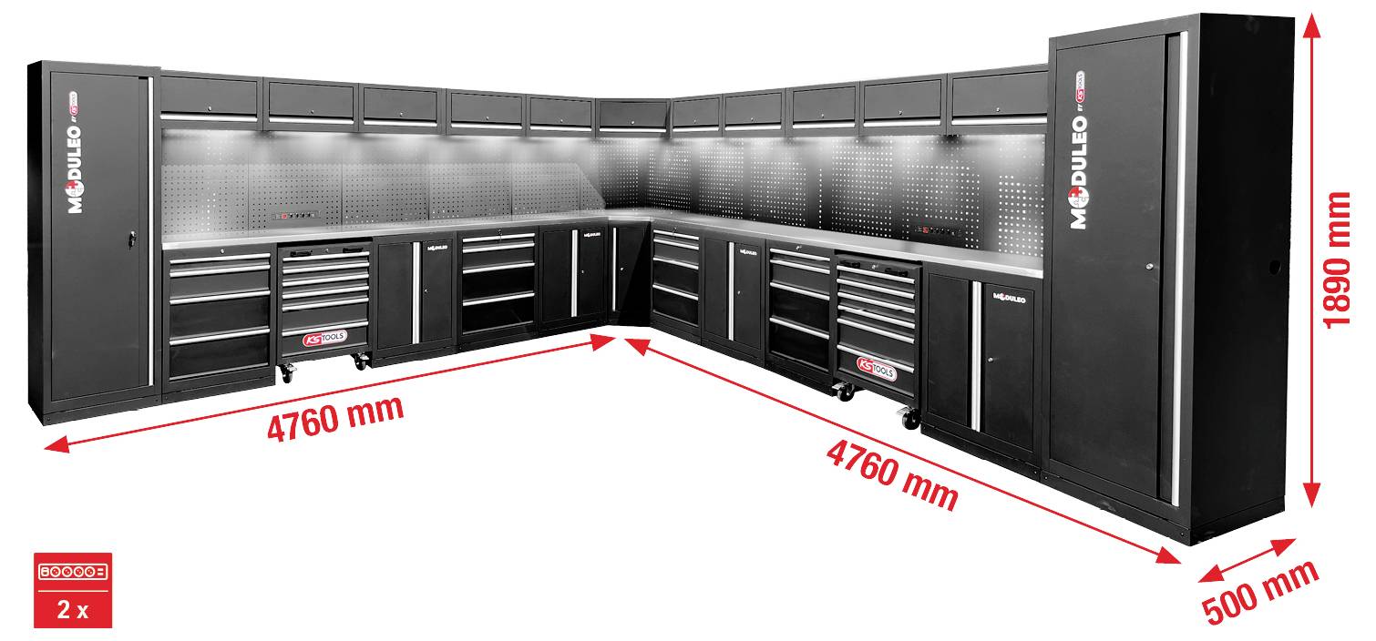 Eckgaragen-Aufbewahrungseinheit, Gesamtlänge 9520 mm, Höhe 1890 mm, Tiefe 500 mm, inklusive Schränken, Schubladen und Arbeitsflächen.