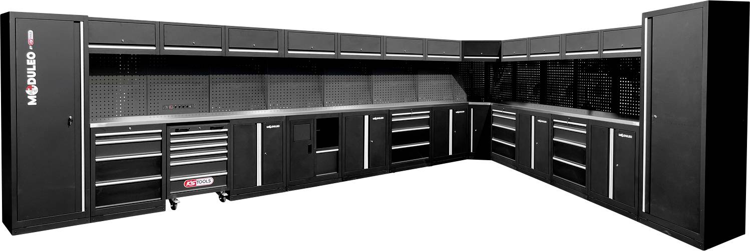 Modulares schwarzes Garagen-Aufbewahrungssystem mit mehreren Schränken, Schubladen und einer Werkbank, das ein elegantes und organisiertes Design aufweist.