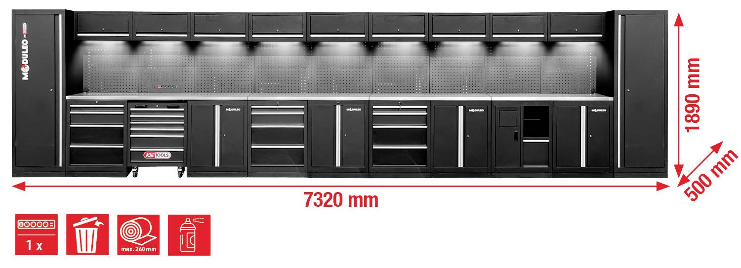 Modulares Garagenspeichersystem mit einer Breite von 7320 mm und einer Höhe von 1890 mm, bestehend aus Schränken, Schubladen und einer Arbeitsfläche mit Beleuchtung.
