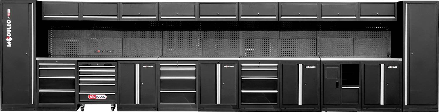 Ein modulares Garage-Aufbewahrungssystem mit mehreren Schränken, Schubladen und einer Lochplatte, das für eine effiziente Organisation von Werkzeugen und Ausrüstung entwickelt wurde.