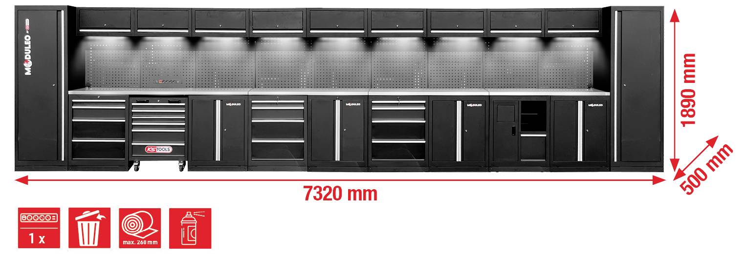 Ein großer schwarzer Werkzeug-Arbeitsplatz mit mehreren Schränken, Schubladen und Überkopf-Stauraum. Abmessungen: Breite 7320 mm, Höhe 1890 mm, Tiefe 500 mm.
