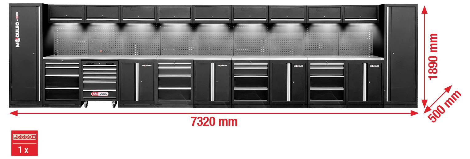 Garage-Aufbewahrungssystem mit einer Breite von 7320 mm, einer Tiefe von 500 mm und einer Höhe von 1890 mm, ausgestattet mit mehreren Schränken und Werkzeugschubladen.