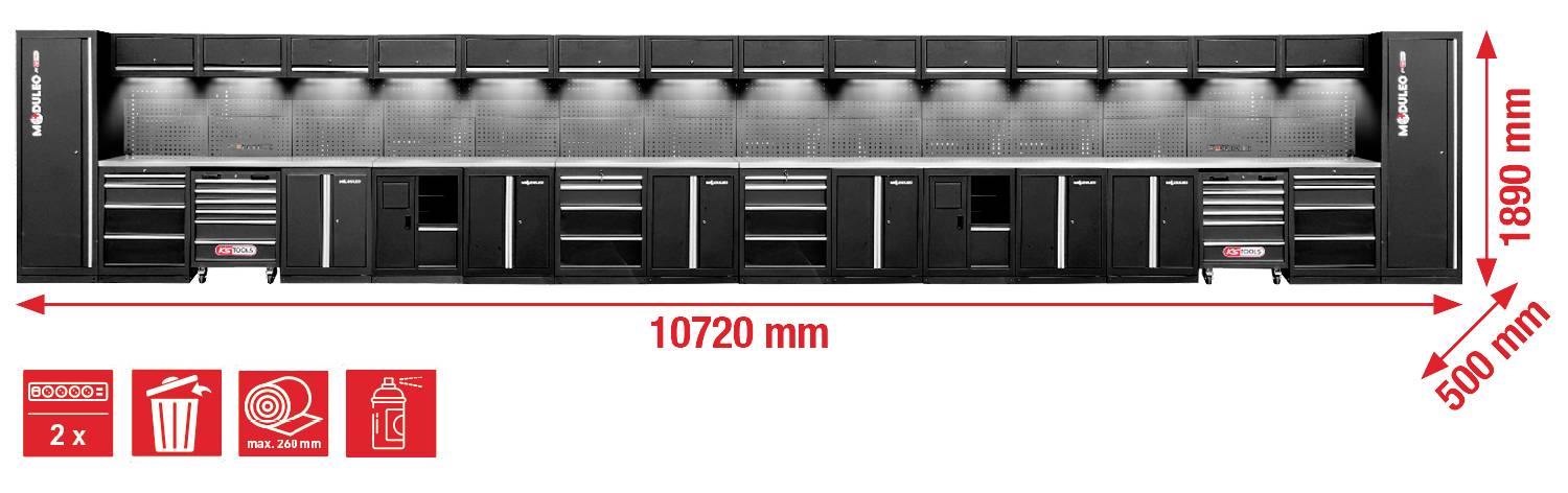 Ein langer schwarzer Werkzeugschrank mit mehreren Schubladen und Regalen, der 10.720 mm breit, 500 mm tief und 1.890 mm hoch ist, mit beschrifteten Symbolen.