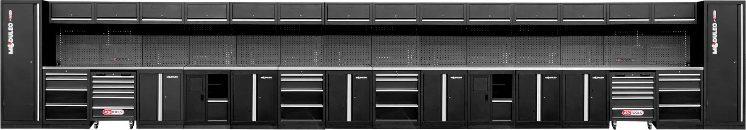 Ein langer, schwarzer Werkzeugschrank mit mehreren Fächern und Schubladen, beschriftet mit 'Snap-on'.