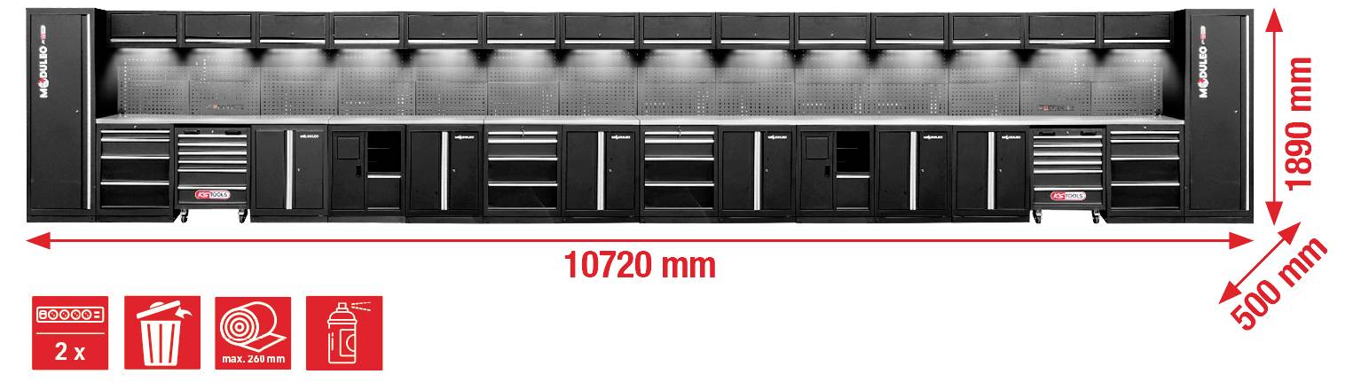 Ein großes, schwarzes Garage-Lagersystem misst 1890 mm in der Höhe und 10720 mm in der Breite. Die Lagerung umfasst Schubladen, Behälter und eine Rollenhalterung.