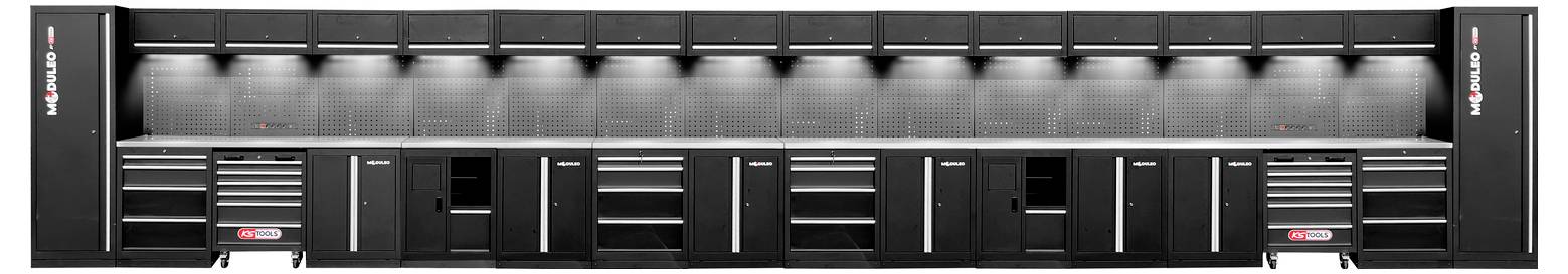 Ein langes, schwarzes modulares Werkzeug-Lagersystem mit mehreren Schränken, Schubladen und Überkopf-Fächern, ausgestattet mit einer metallischen Rückwand und Arbeitsfläche.