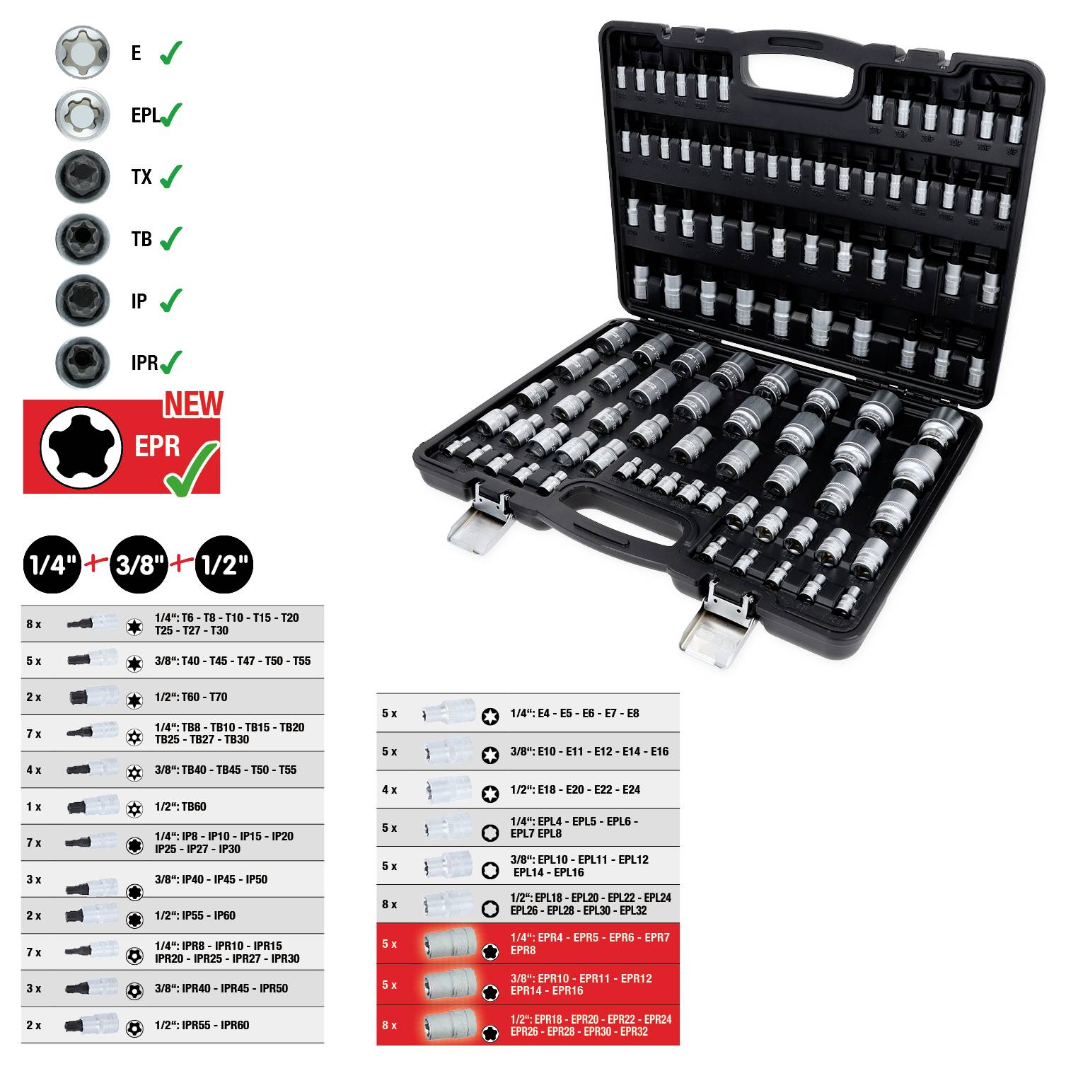 Ein schwarzer Koffer mit einem Steckschlüsselsatz in verschiedenen Größen und Typen. Die linke Seite zeigt Symbole, die die Kompatibilität mit bestimmten Schrauben anzeigen.