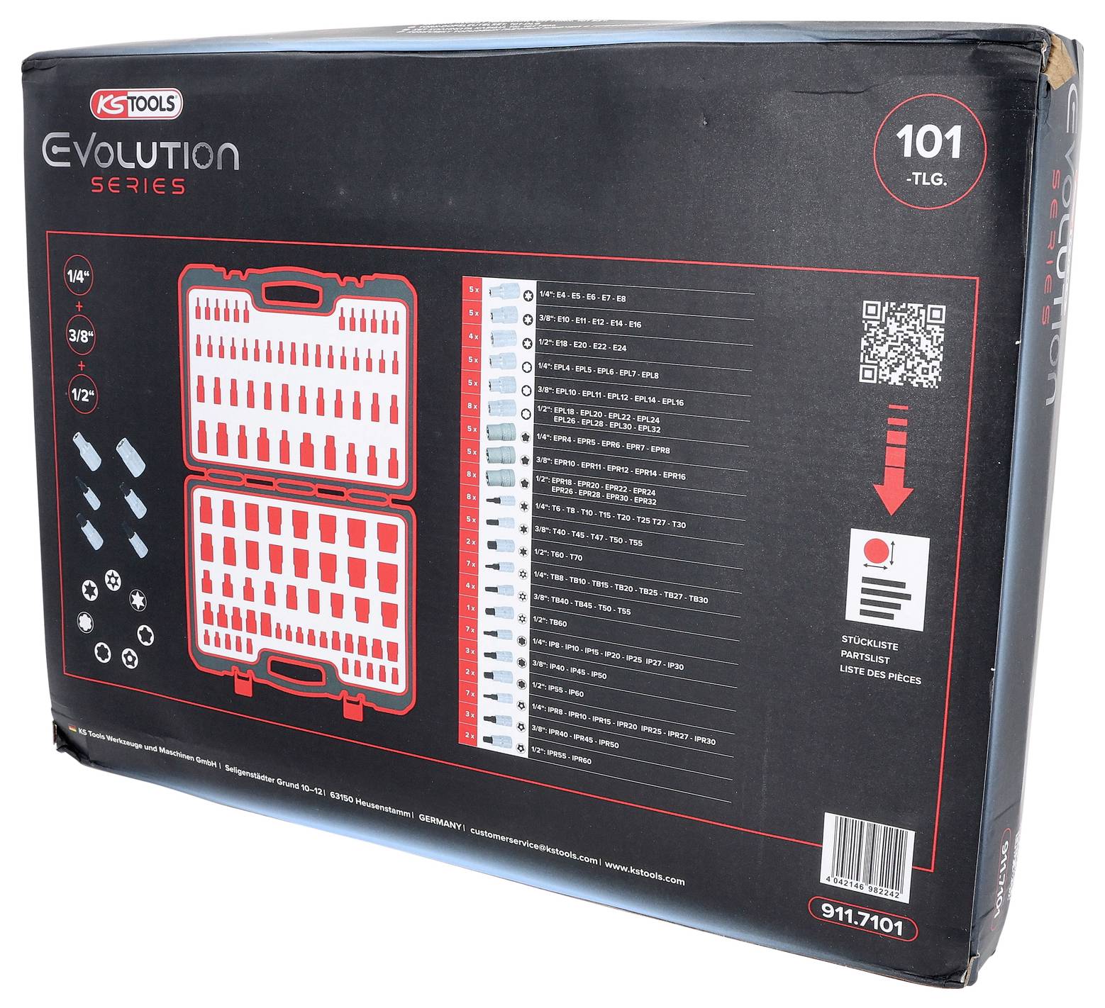 Werkzeugkoffer der KS Tools Evolution Serie, mit 101 Teilen in metrischen und imperischen Größen, Koffer mit Werkzeugumrissen dargestellt.