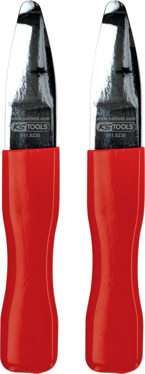 Zwei rote Metallschaber mit silbernen Klingen, beschriftet mit 'KG Tools'.