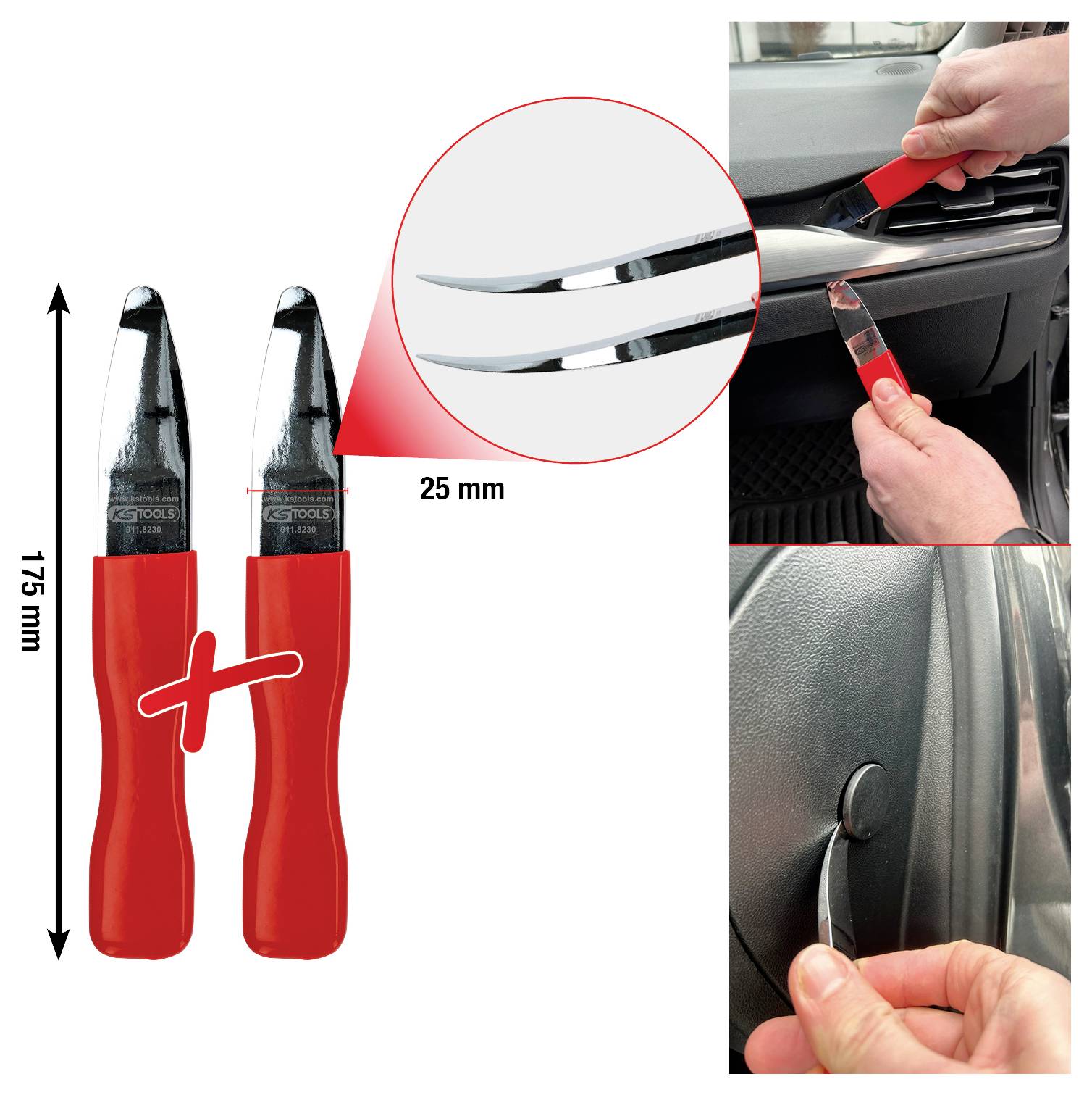 Zwei rote Hebewerkzeuge, 175 mm lang, mit einer 25 mm gebogenen Spitze, dargestellt beim Entfernen einer Armaturenbrettverkleidung und eines Clips. Geeignet für Arbeiten im Autoinneren.