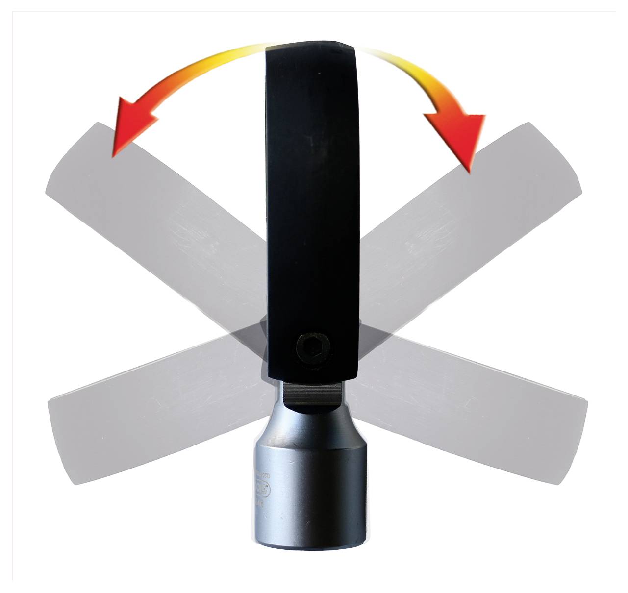 Ein schwarzer Griff mit silberner Basis dreht sich in einem 180-Grad-Bogen, gekennzeichnet durch rote und orange Pfeile.