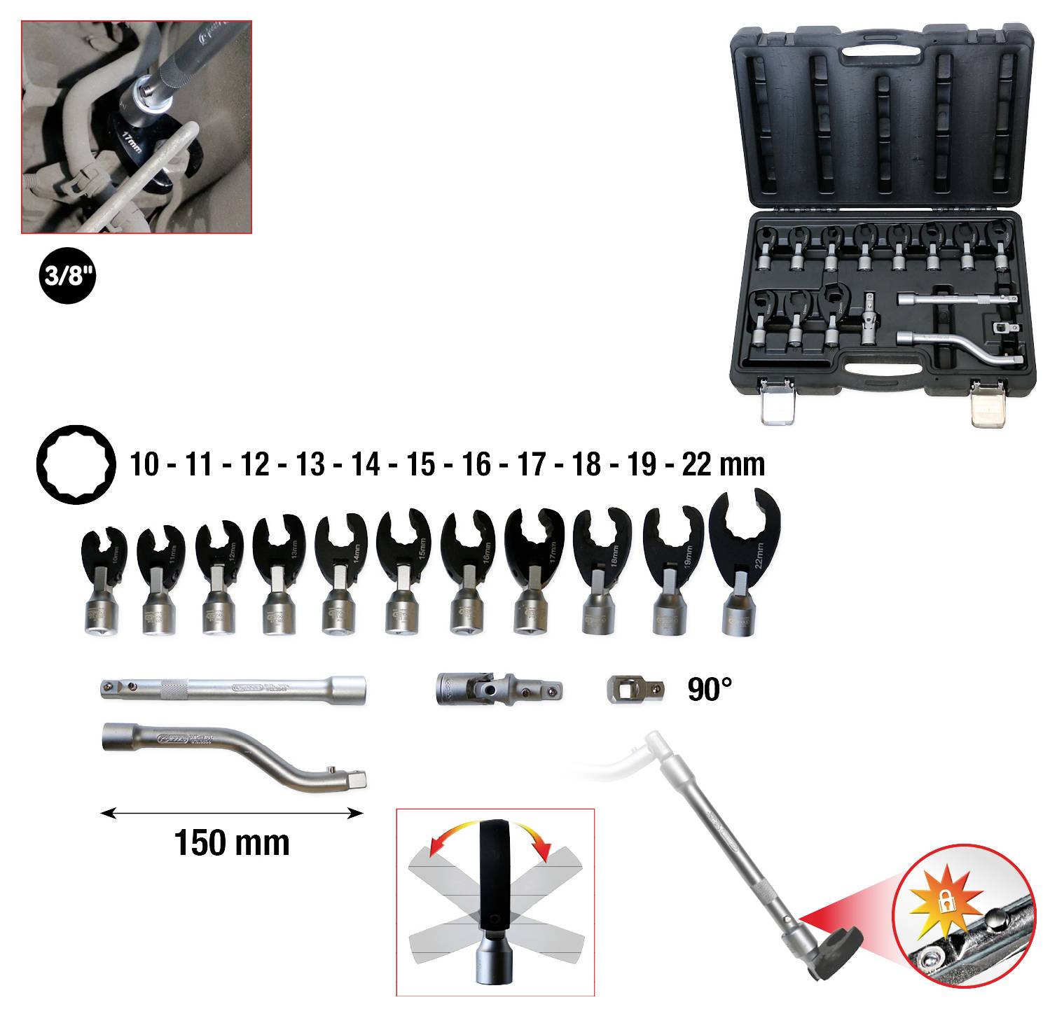 Ein Satz Ringmaulschlüssel in einer Tasche, von 10 bis 22 mm, mit einem verstellbaren Griff und einer Diagramm, das eine Biegebewegung zeigt.