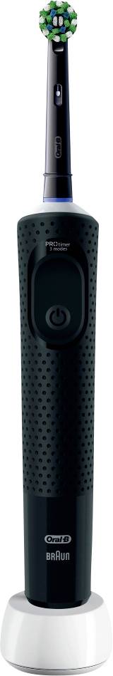 Elektrische Zahnbürste mit schwarzem Griff und rundem Bürstenkopf, die aufrecht auf einer weißen Basis steht.