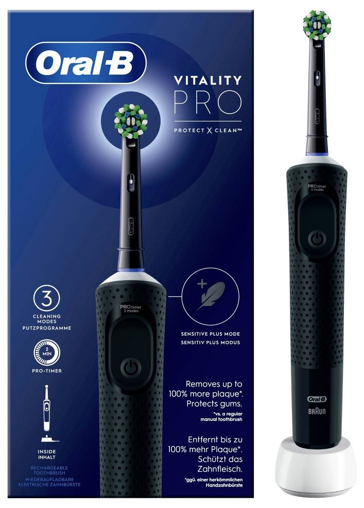'Oral-B Vitality Pro Protect X Clean' Zahnbürste in Verpackung; hebt 3 Reinigungsmodi, Sensitivmodus und Plaque-Entfernungsvorteile hervor.