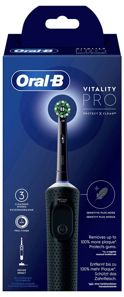 Oral-B Vitality elektrische Zahnbürste mit drei Reinigungsmodi, empfindlicher Plus-Modus, Pro-Timer, verspricht bis zu 100% mehr Plaqueentfernung.