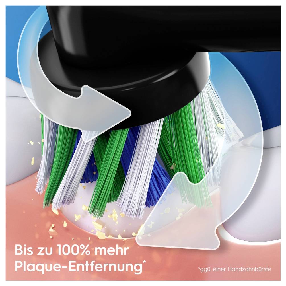 Eine Nahaufnahme eines Elektrozahnbürstenkopfes mit Borsten in Grün, Blau und Weiß hebt dessen Effektivität bei der Plaqueentfernung hervor.