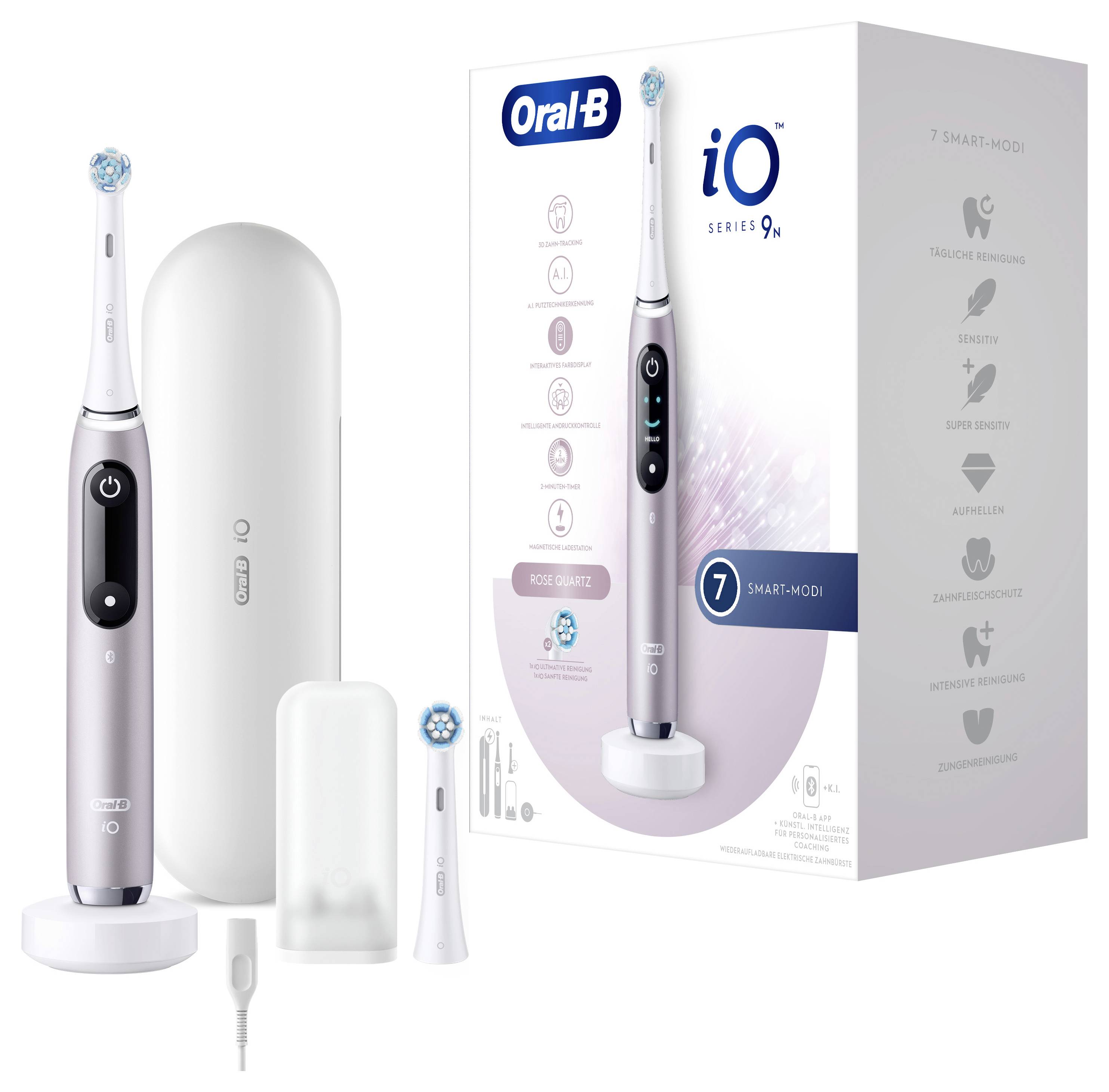 Elektrische Zahnbürste-Set mit einer eleganten Zahnbürste, Ladestation, Reiseetui und einem zusätzlichen Bürstenkopf, mit Oral-B Markierung.