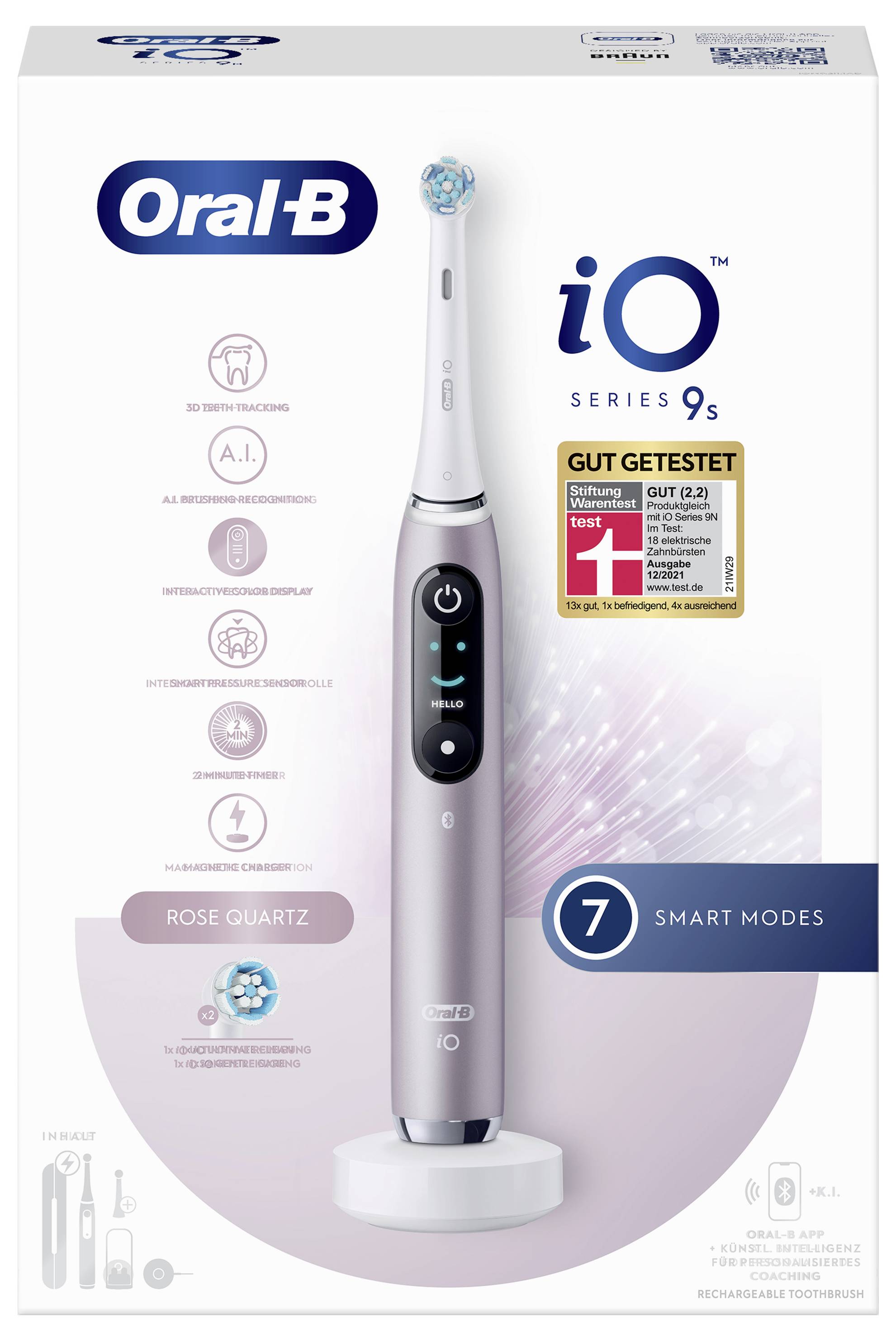 Verpackung der Oral-B iO Series 9s Rose Quartz Elektrische Zahnbürste, die das Produkt und Funktionen wie die ‚A.I. Erkennung' und ‚7 intelligente Modi' zeigt.
