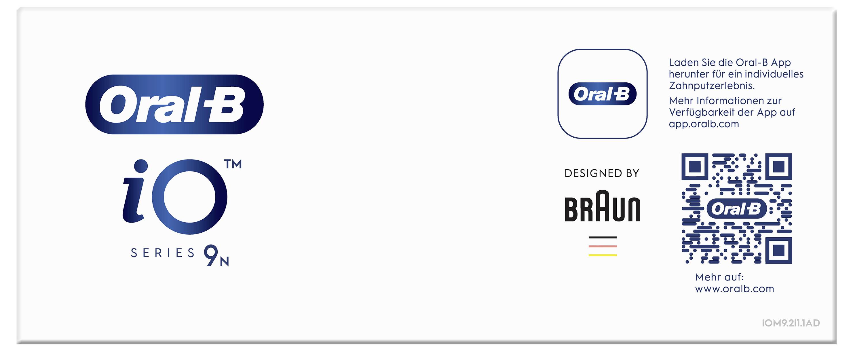 'Oral-B iO Series 9N' Logo und Markenelemente mit QR-Code zum App-Download, entwickelt von Braun, der eine personalisierte Zahnpflegeerfahrung bietet.