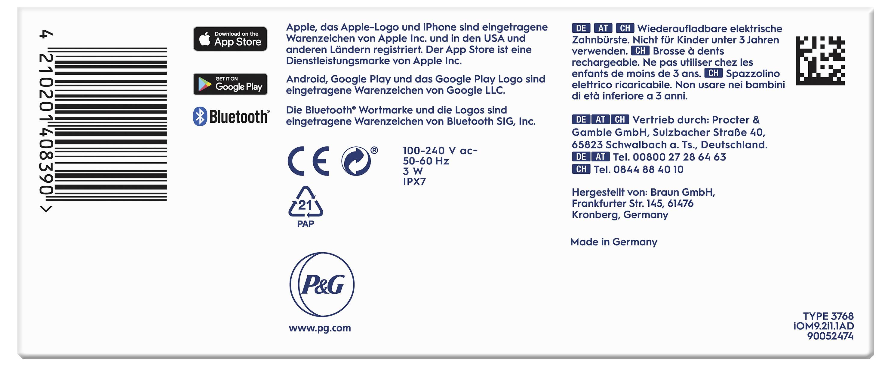 Verpackungsrückseite zeigt Logos und Text mit Informationen zur App-Verfügbarkeit, Bluetooth-Fähigkeit und Herstellerdetails von Procter & Gamble in Deutschland.