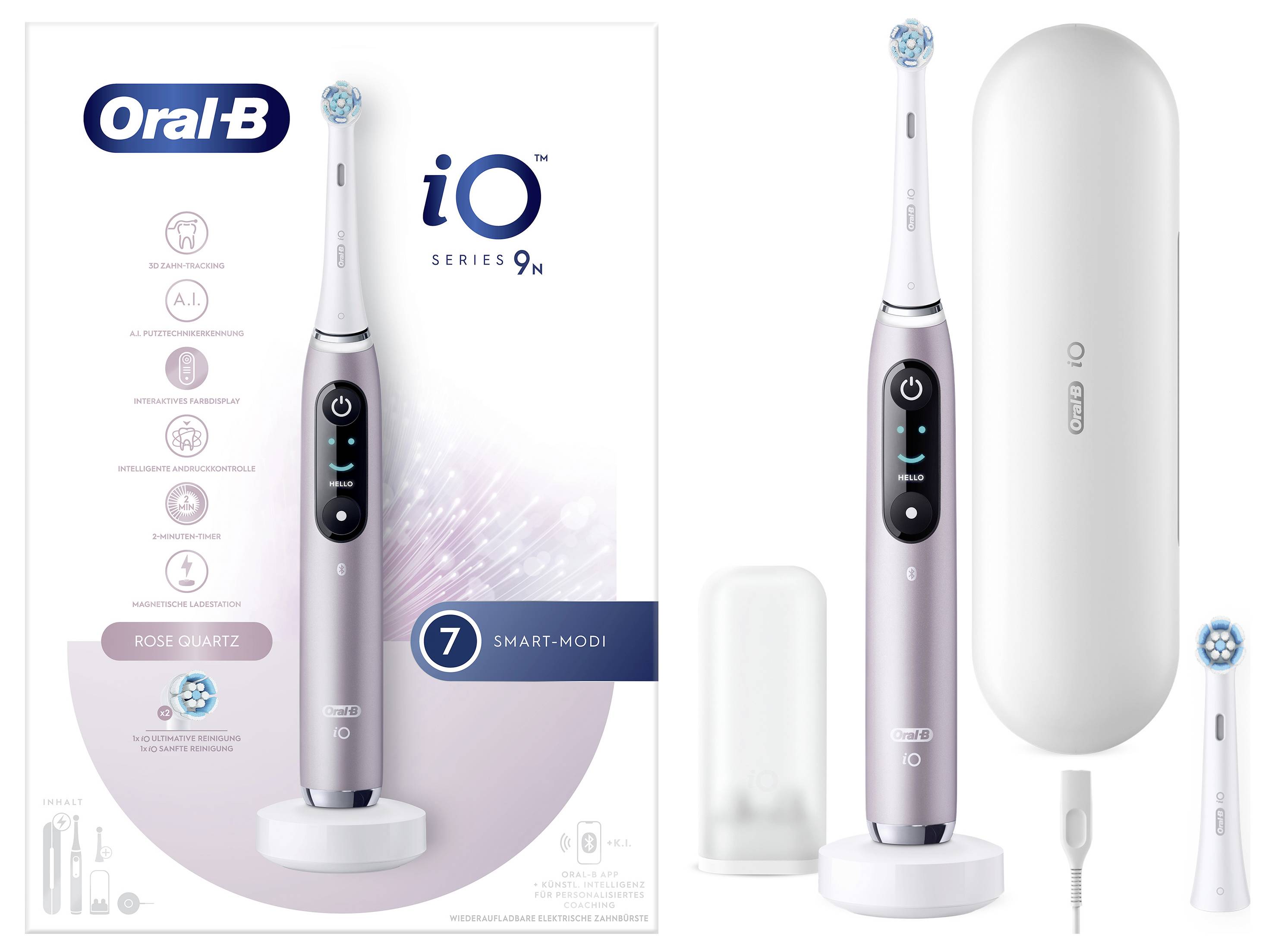 Oral-B iO Series 9N elektrische Zahnbürste in Rosenquarz mit Smart-Modi-Funktion. Inklusive Ladestation, Reiseetui und Ersatzzahnbürstenkopf.