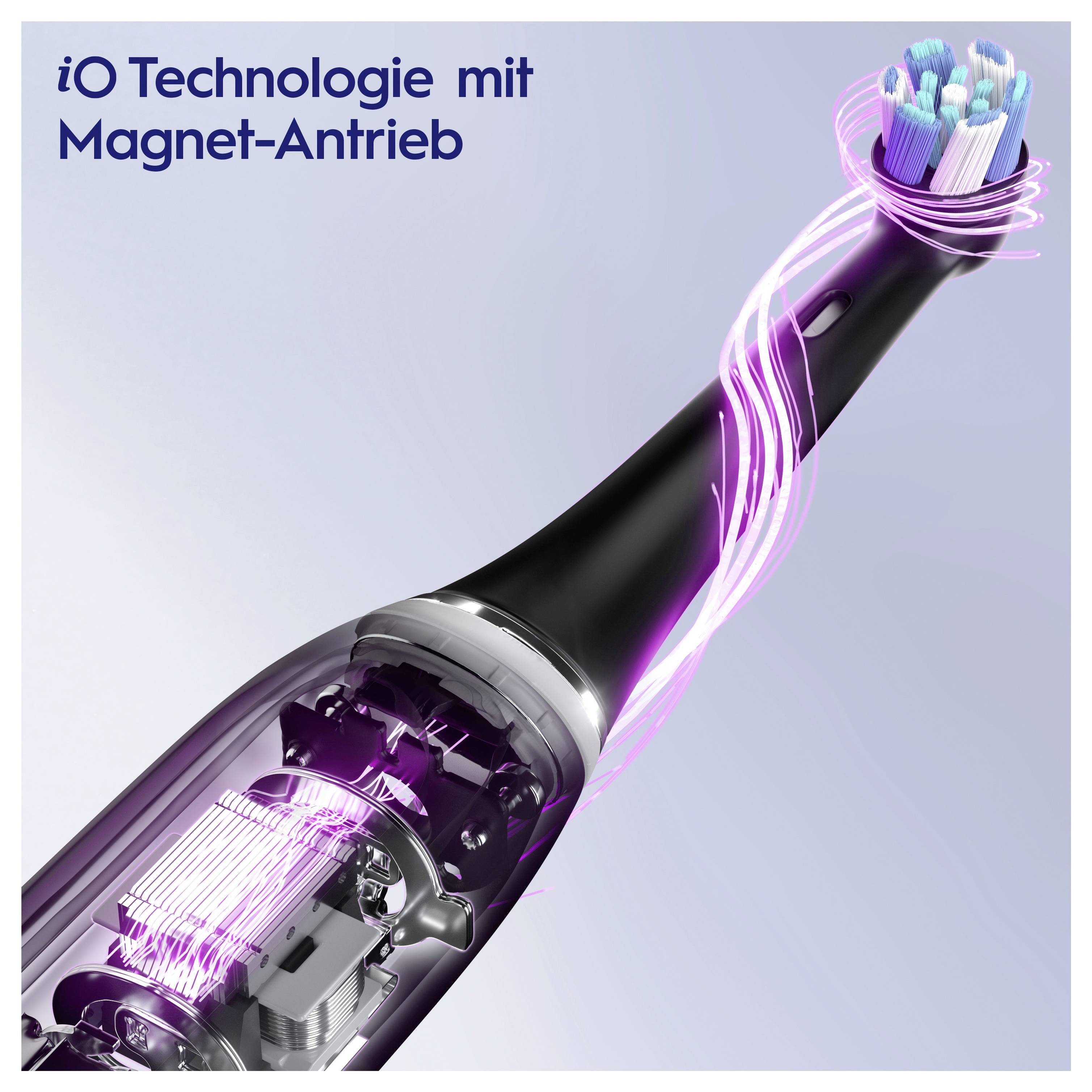 Zahnbürste mit leuchtend pinken Borsten und Motordetail, beschriftet mit ‚iO Technologie mit Magnet-Antrieb', was auf Magnetantriebstechnologie hinweist.