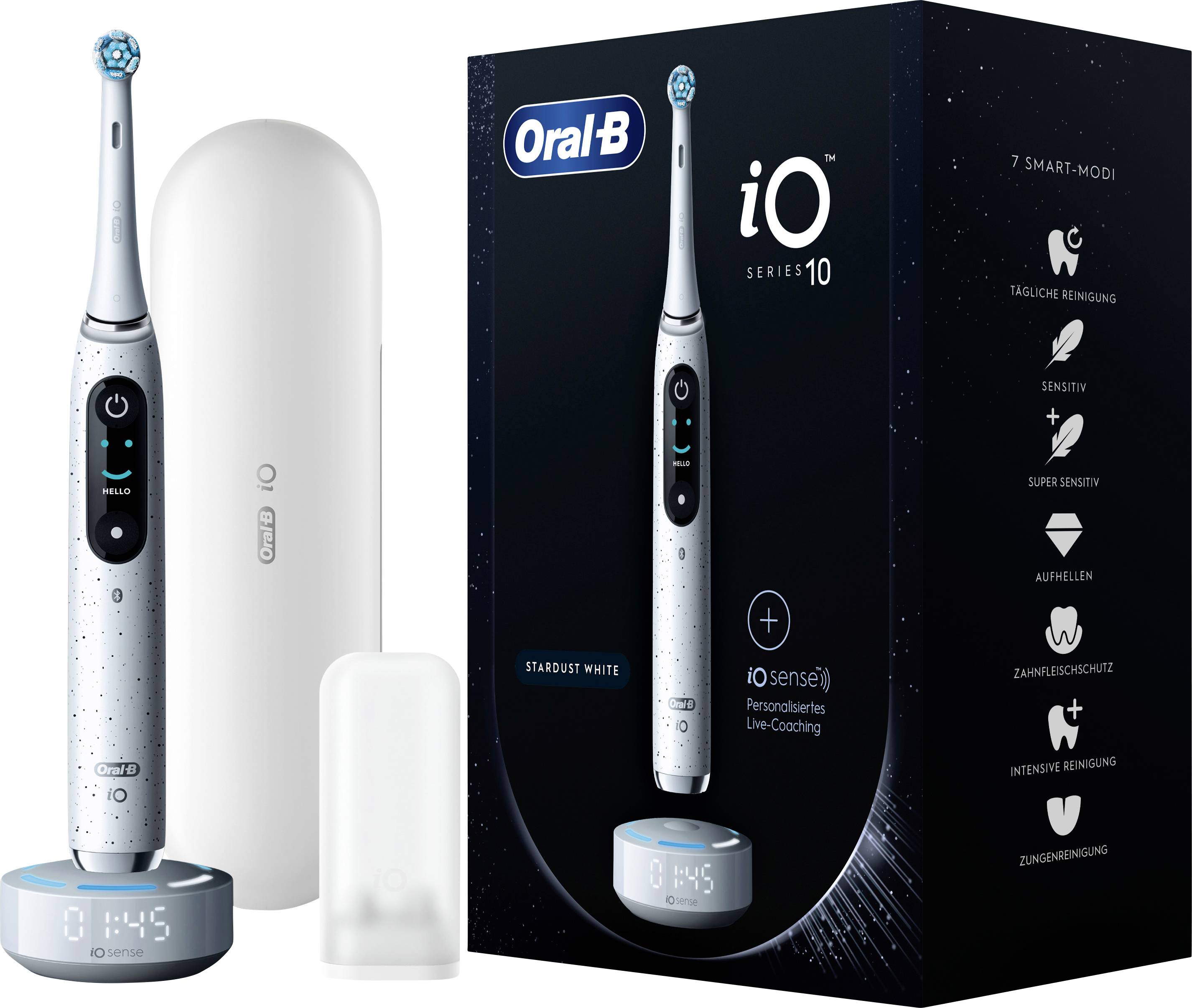 Elektrische Zahnbürste 'Oral-B iO Series 10' mit Zubehör und Verpackung, ausgestattet mit 7 Reinigungsmodi und intelligenter Technologie.