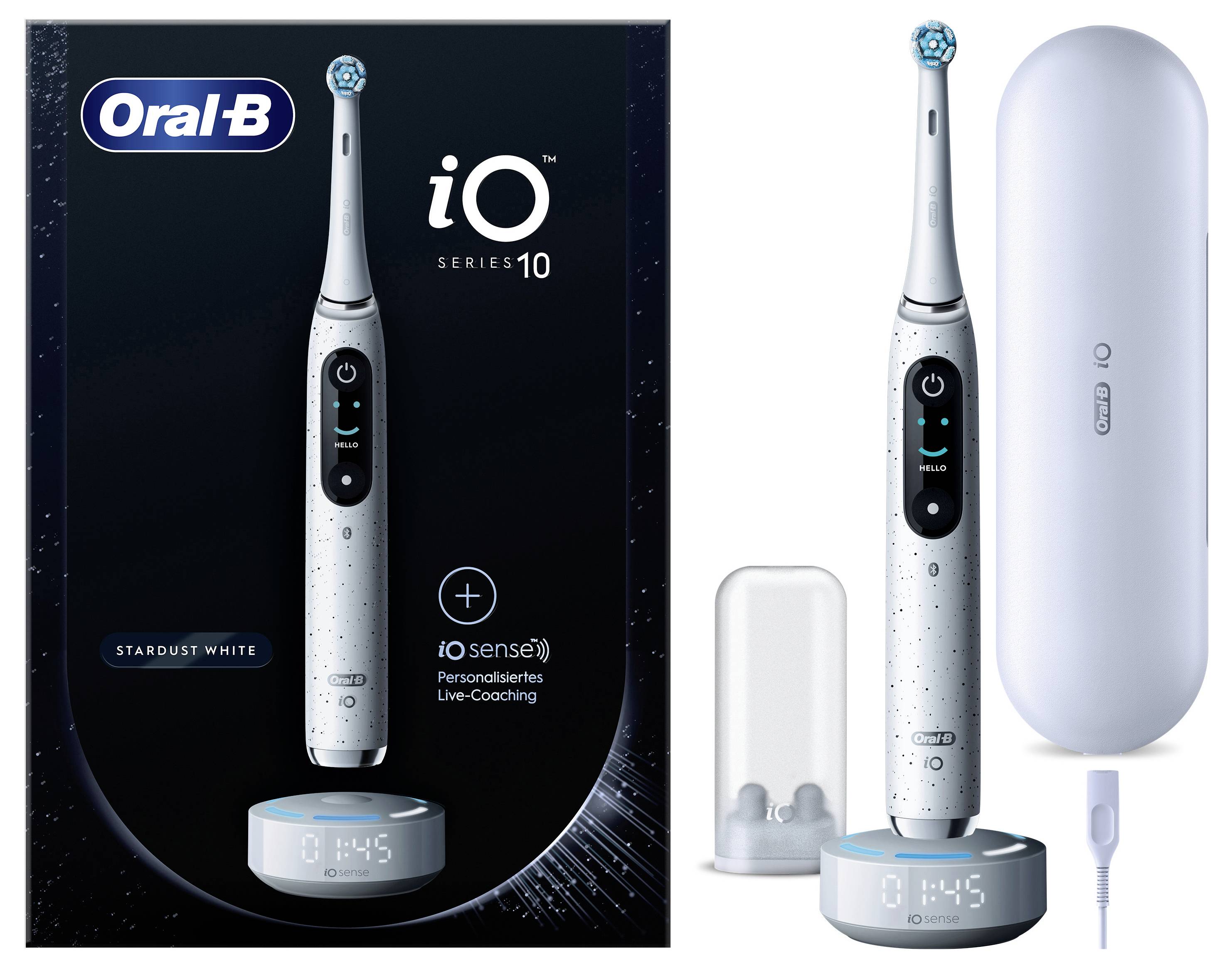 Oral-B iO Series 10 Zahnbürste in 'Stardust White' mit Verpackung. Enthält Zahnbürste, Ladestation, Reiseetui und Bürstenkopfabdeckung.