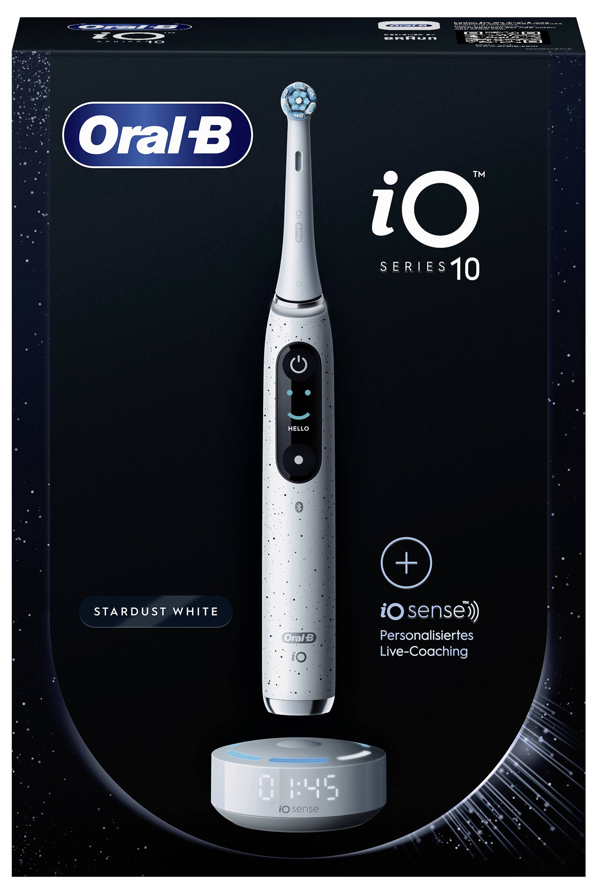 'Oral-B iO Series 10' elektrische Zahnbürste in 'Stardust White' mit iOsense Live-Coaching-Funktion. Verpackung zeigt intelligentes Display.