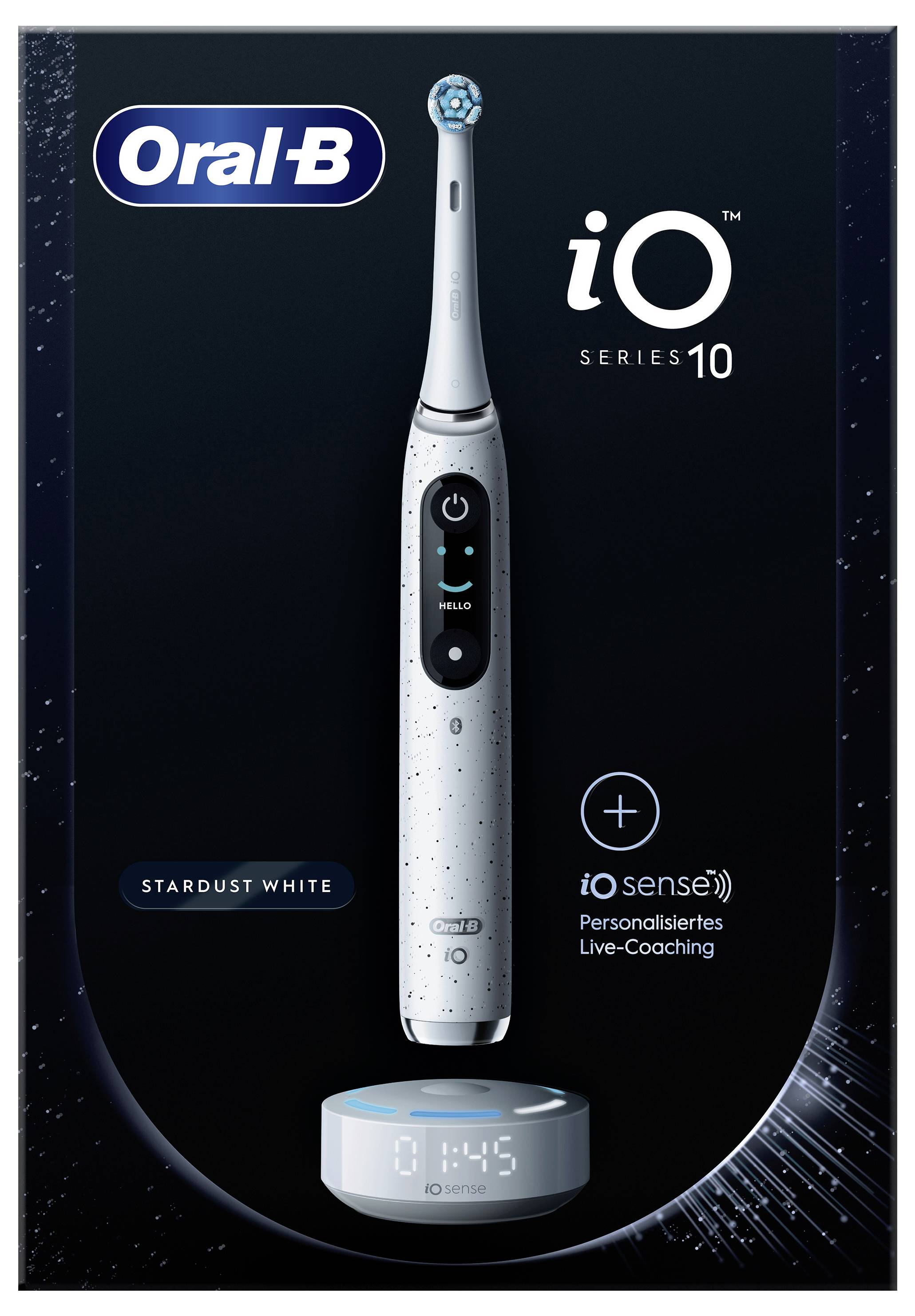 Oral-B iO Series 10 Elektrische Zahnbürste in Stardust Weiß, ausgestattet mit 'iOsense Personalisiertes Live-Coaching', präsentiert mit einer Ladestation.