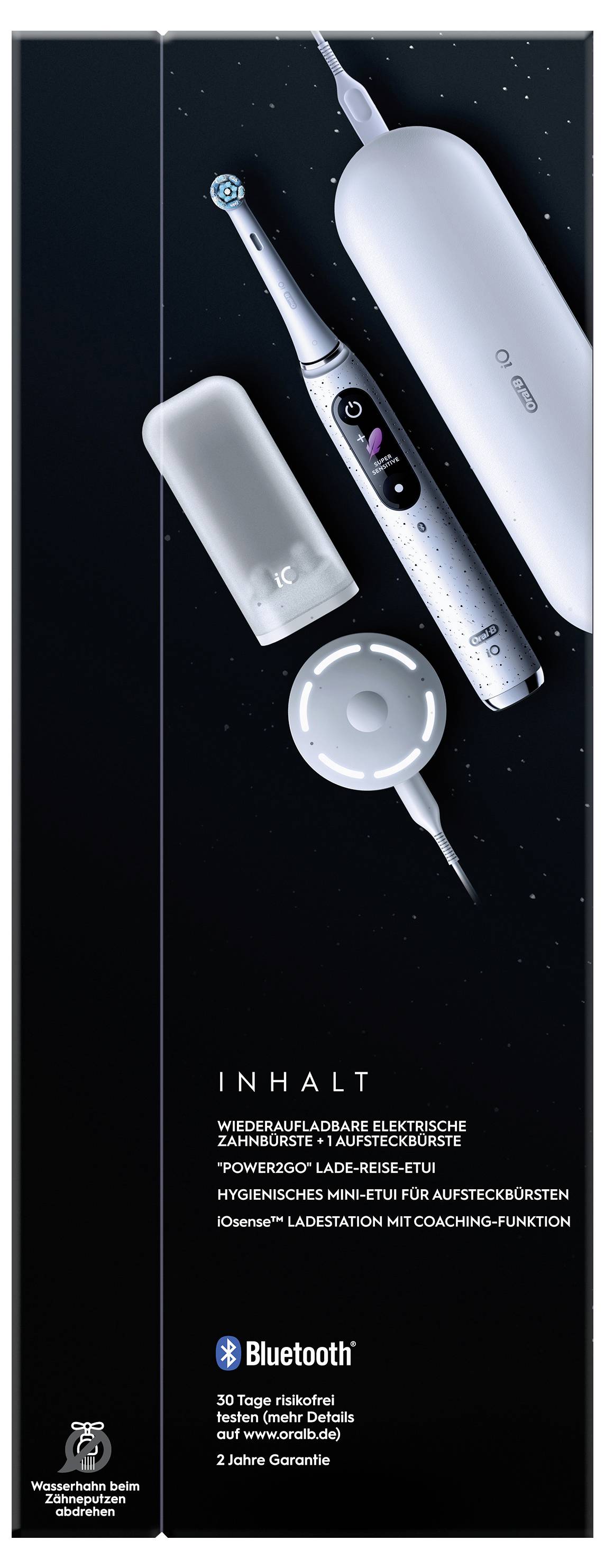 Elektrische Zahnbürste mit Zubehör: ein Reiseetui, Ladegerät und zusätzlicher Bürstenkopf. Ausgestattet mit Bluetooth-Funktionen für intelligentes Coaching.