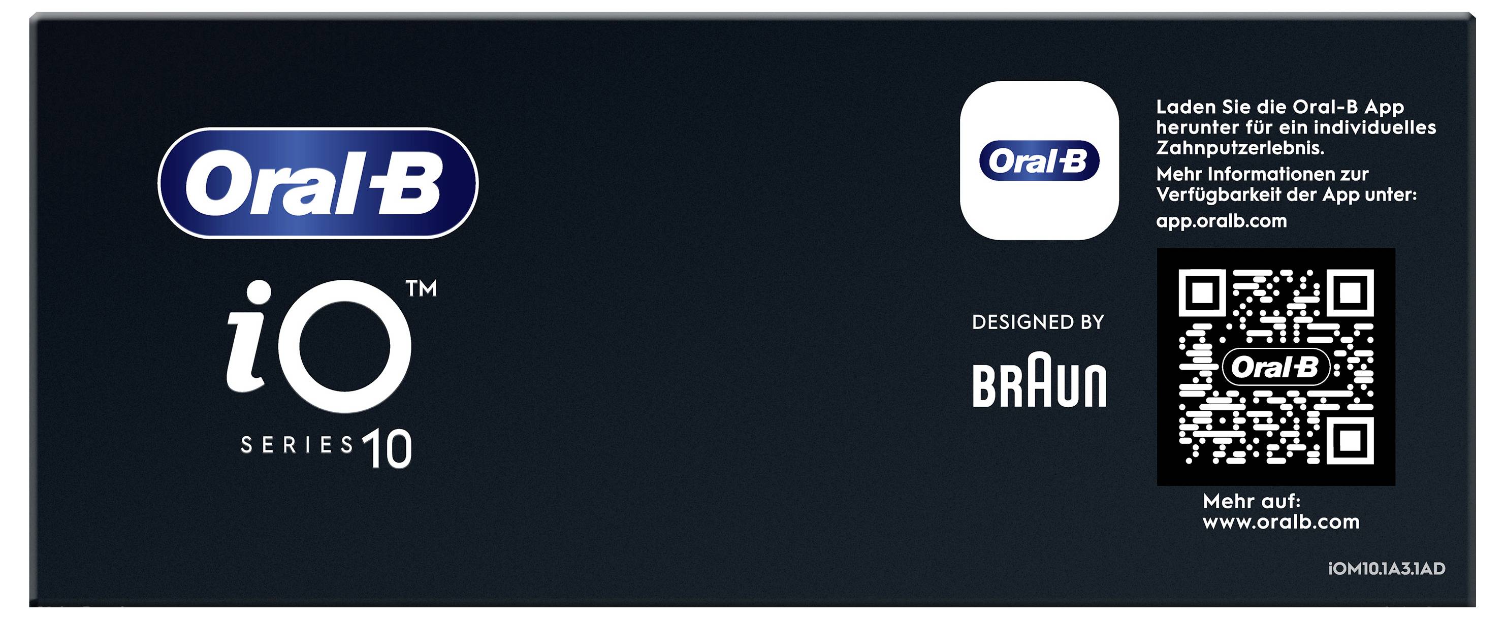 Die Abbildung zeigt eine Verpackung der Oral-B iO Series 10 Zahnbürste. Sie enthält einen QR-Code, die Worte ‚DESIGNED BY BRAUN' und Informationen zum App-Download.