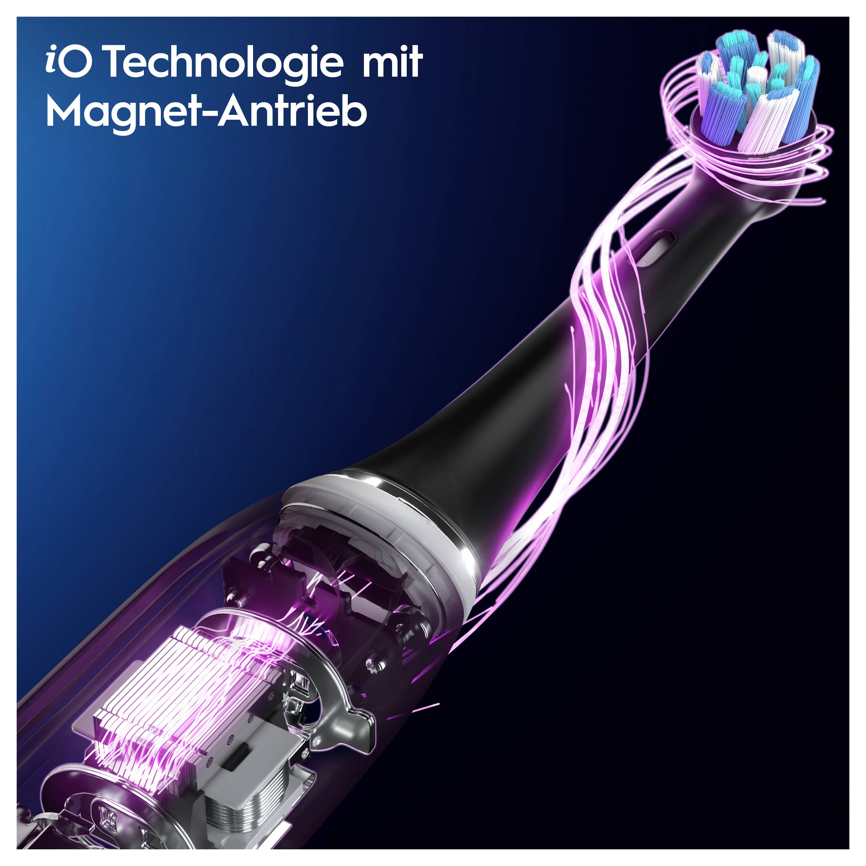 Eine Zahnbürste mit ‚iO-Technologie mit Magnet-Antrieb', die Innenkomponenten und magnetischen Antrieb zeigt. Elektrisch blaue und pinke Akzente.