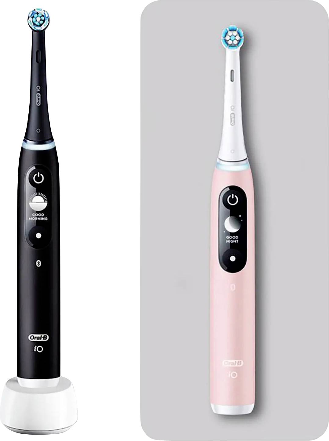Zwei elektrische Zahnbürsten werden gezeigt, eine schwarze und eine rosa. Beide haben einen kreisförmigen Bürstenkopf und einen Bildschirm mit Einschalttasten.