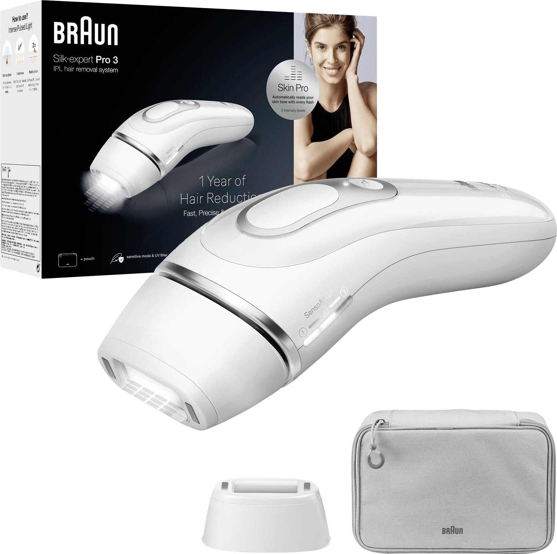 Braun Silk-expert Pro 3 IPL Haarentfernungssystem' Verpackung mit einem IPL-Gerät, zusätzlicher Kappe und Reisetasche. Funktionen umfassen ‚1 Jahr Haarreduktion'.