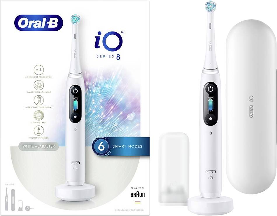 Oral-B iO Series 8 elektrische Zahnbürste in Weiß. Enthält Zahnbürste, Ladebasis, Reiseetui und Verpackung mit Funktionshighlights.