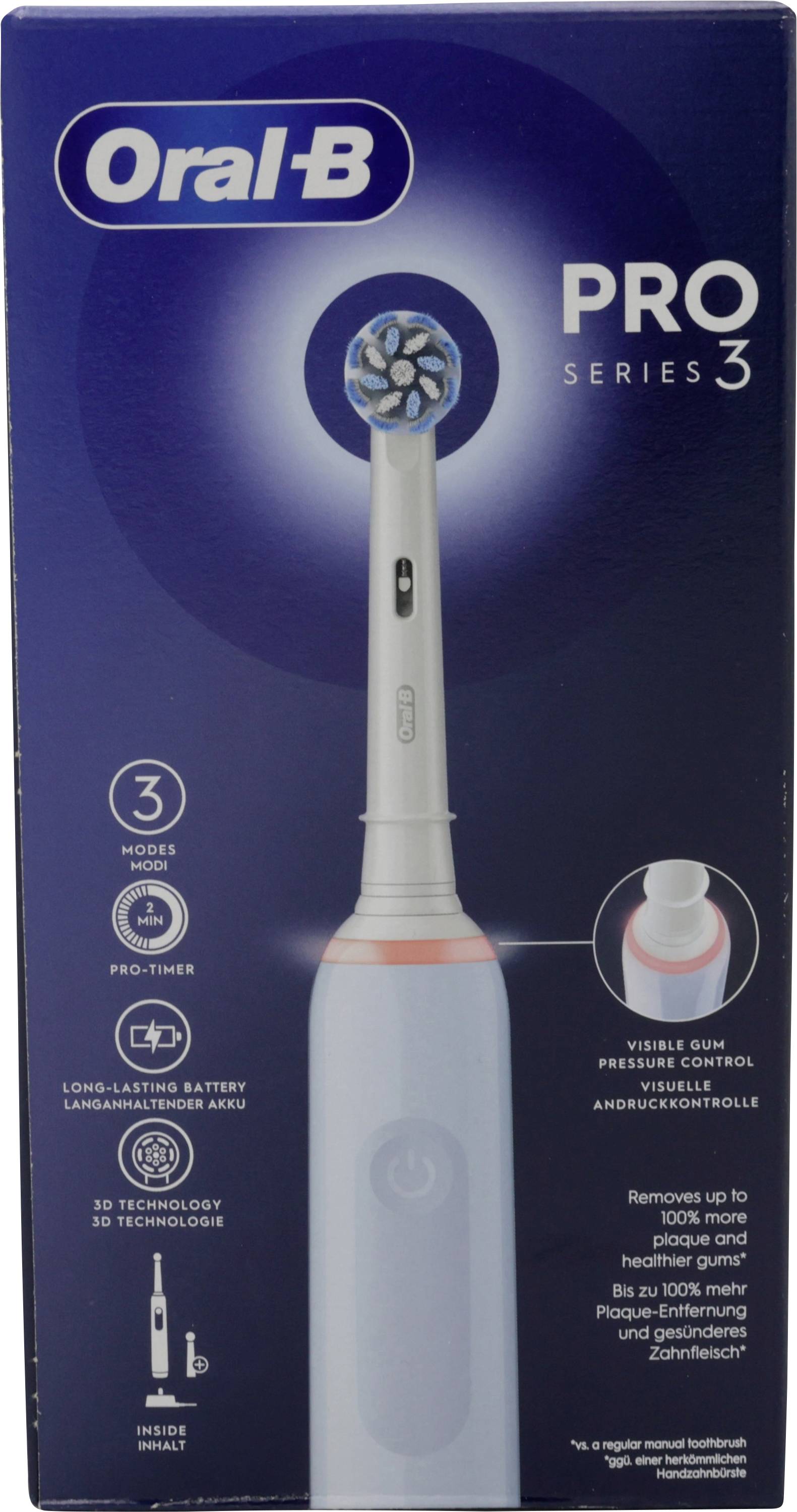 Oral-B Pro Series 3 Elektrische Zahnbürste mit Verpackung, die Vorteile der Mundhygiene, 3 Reinigungsmodi, Druckkontrolle und 3D-Technologie präsentiert.