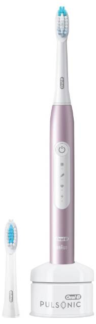 Oral-B Pulsonic Slim Zahnbürste, abgebildet mit einem zusätzlichen Bürstenkopf und Ladestation, mit schlankem Design und weichen Borsten für die Zahnfleegpflege.
