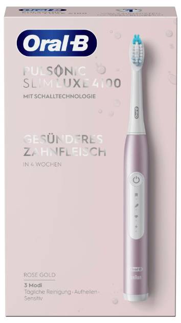 Oral-B Pulsonic Slim Luxe 4100 elektrische Zahnbürste in roségoldener Verpackung, die gesündere Zahnfleisch in 4 Wochen mit Sonic-Technologie fördert.