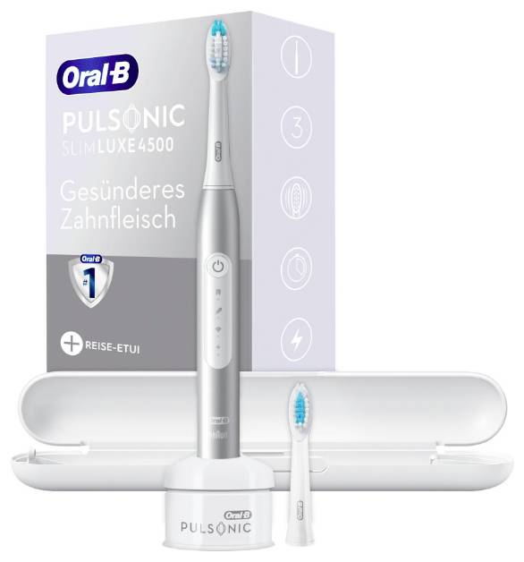 Oral-B Pulsonic Slim Luxe 4500 elektrische Zahnbürste-Set mit Reiseetui und zusätzlichem Bürstenkopf, vor der Verpackungsbox positioniert.