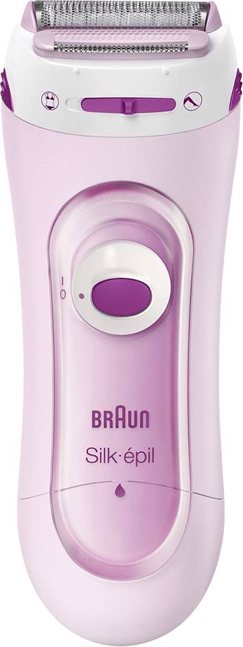 Ein rosa elektrischer Rasierer mit dem Markennamen 'Braun Silk-épil', der einen weißen kreisförmigen Ein-/Ausschalter und Bedienelemente an der Vorderseite aufweist.
