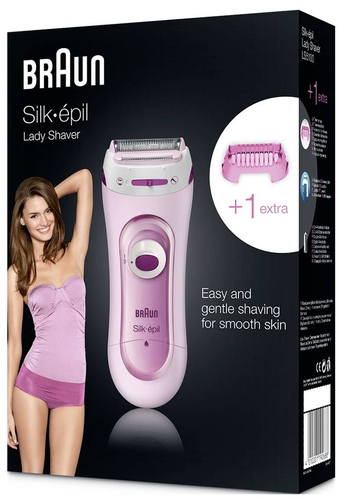 Verpackung für Braun Silk-épil Damenrasierer. Zeigt einen rosa Rasierer mit zusätzlichem Aufsatz. Text lautet: „Einfaches und sanftes Rasieren für samtige Haut".