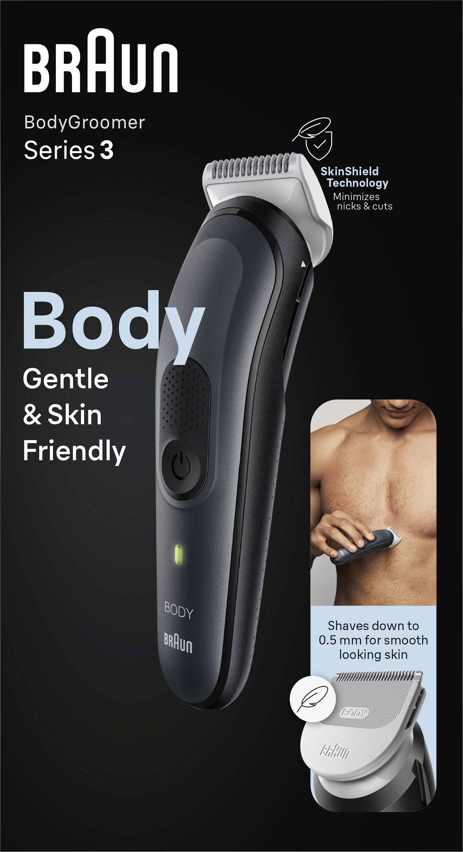 Verpackung der 'Braun BodyGroomer Series 3' zeigt den Trimmer, hebt die 'SkinShield'-Technologie zur Minimierung von Schneidverletzungen hervor und beinhaltet ein Bild eines Mannes bei der Körperpflege.