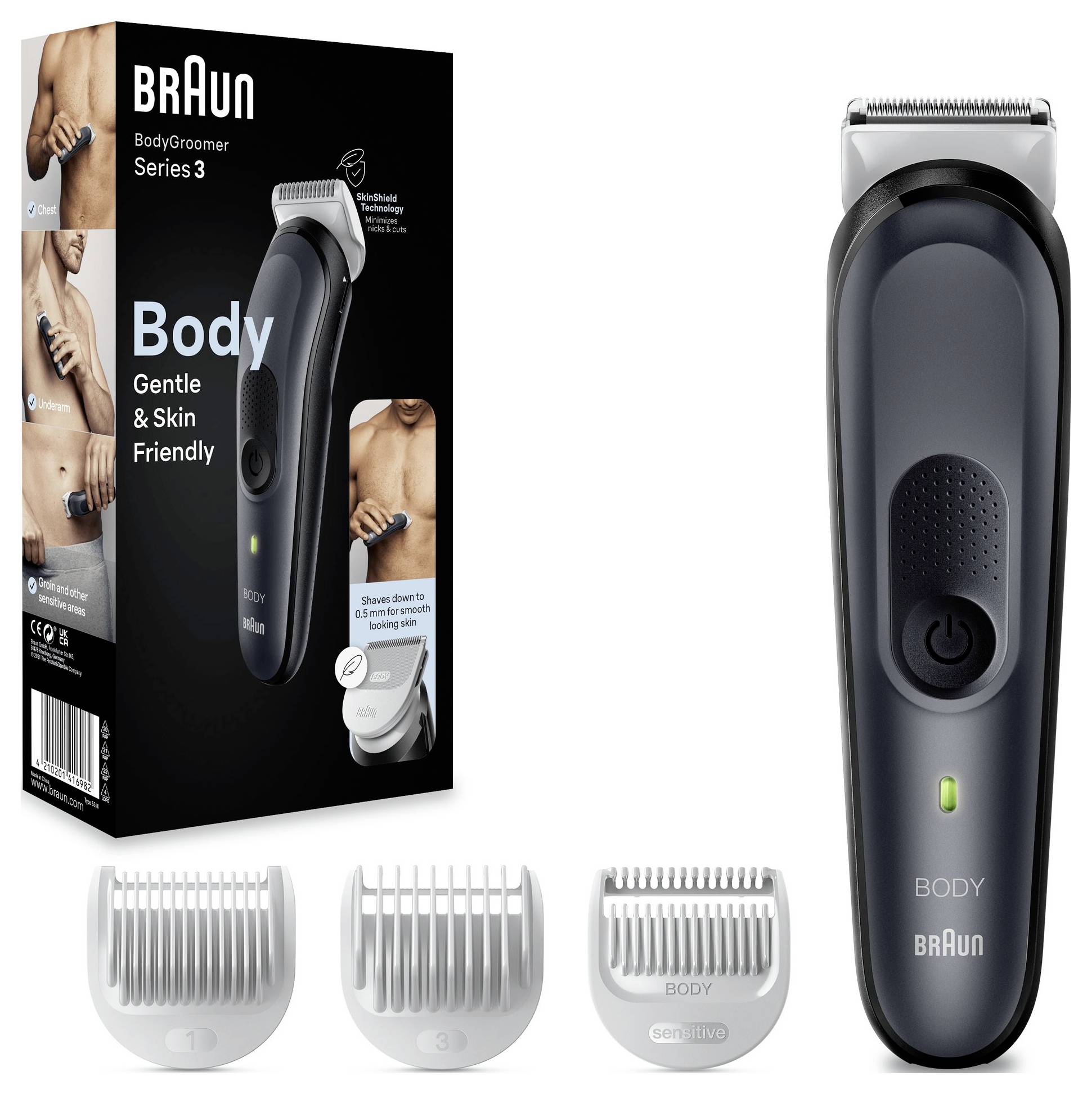 Ein Körperrasierer aus Brauns Serie 3 mit einem sanften und hautfreundlichen Design. Inklusive drei Schneidaufsätzen für verschiedene Längen.