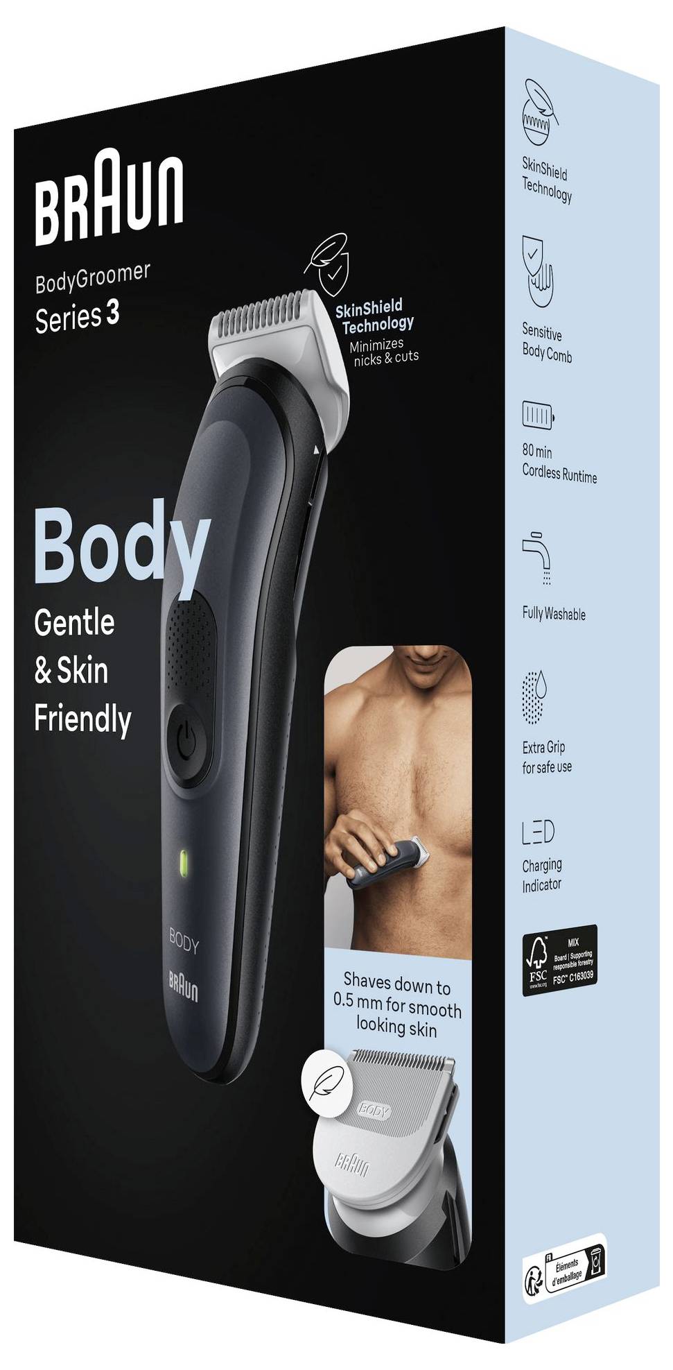Verpackung eines Braun BodyGroomer Series 3 mit SkinShield-Technologie, Hervorhebung der Eigenschaften: schonend zur Haut, kabel-/kabellos nutzbar und Rasur bis zu 0,5 mm. Bild eines Mannes beim Einsatz des Rasierers.
