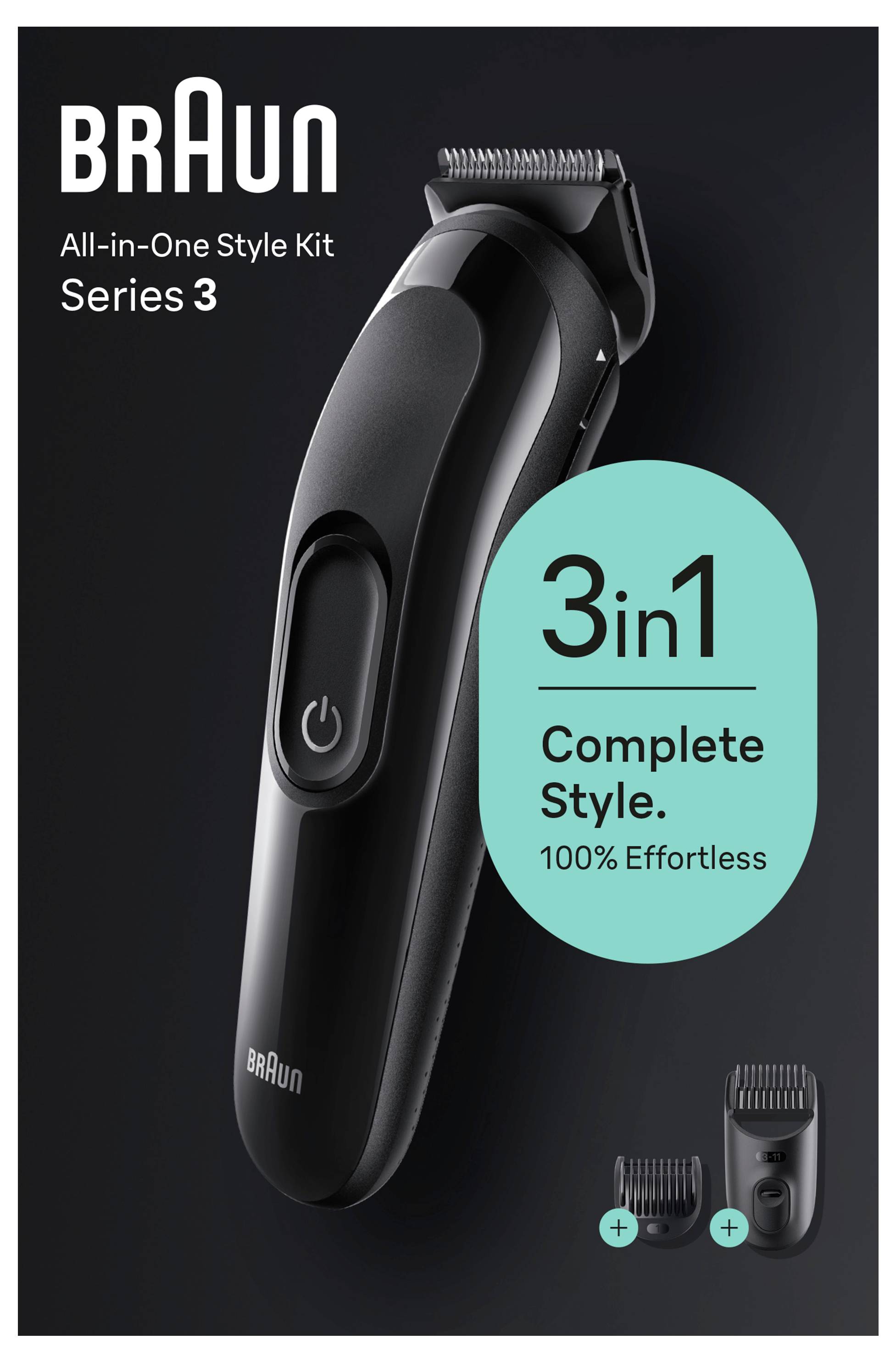 Das Bild zeigt ein 'Braun All-in-One Style Kit Serie 3' mit einem schwarzen Pflegergerät. Der Text hebt hervor '3 in 1 Kompletter Style. 100% Mühelos.'